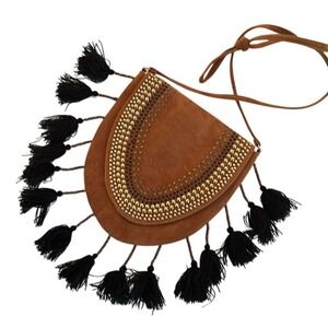 Venus Brown Faux Suede Boho Crossbody Purse Tassels Beads‎ Embellished Bag
